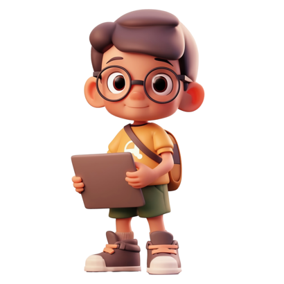 Young 3D character in yellow and green uniform holding a tablet.